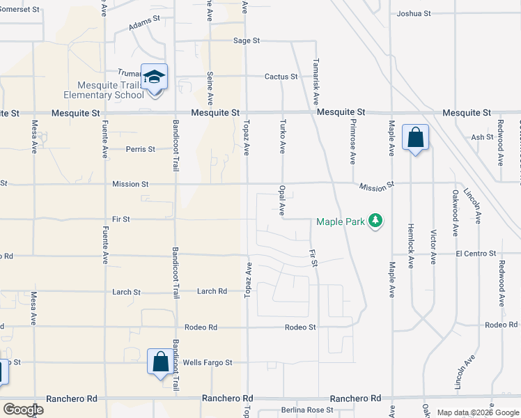 map of restaurants, bars, coffee shops, grocery stores, and more near 7833 Baylor Ave in Hesperia