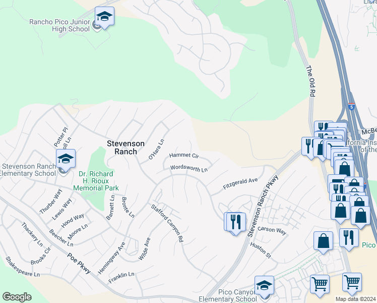 map of restaurants, bars, coffee shops, grocery stores, and more near 25803 Hammet Circle in Stevenson Ranch