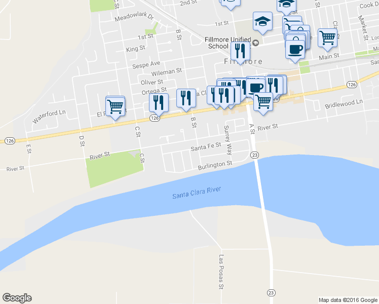 map of restaurants, bars, coffee shops, grocery stores, and more near 95 Southern Pacific Street in Fillmore