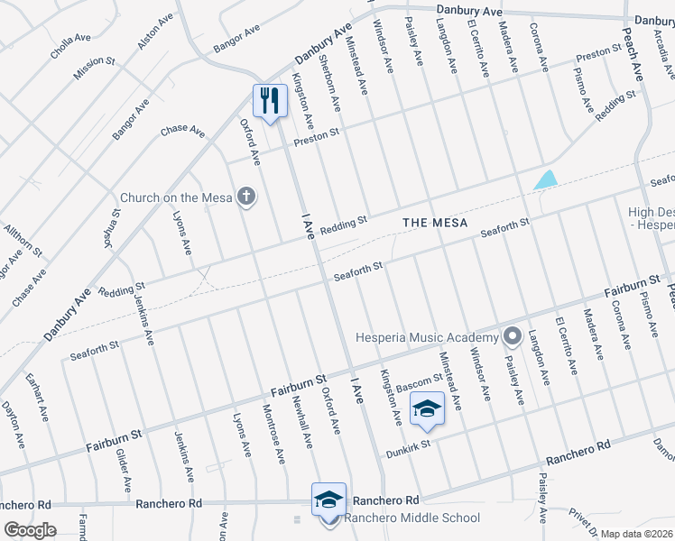 map of restaurants, bars, coffee shops, grocery stores, and more near 17660 Seaforth Street in Hesperia