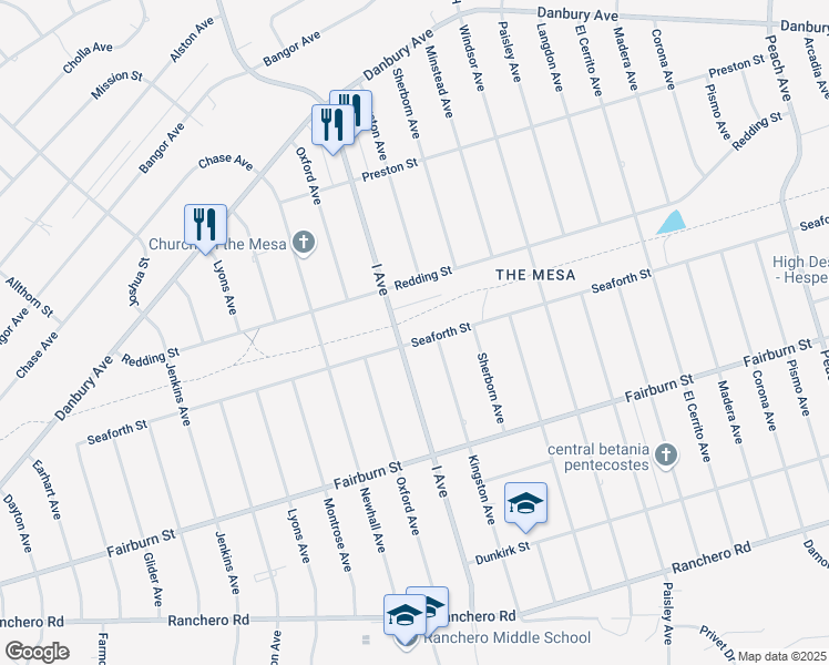 map of restaurants, bars, coffee shops, grocery stores, and more near 17660 Seaforth Street in Hesperia