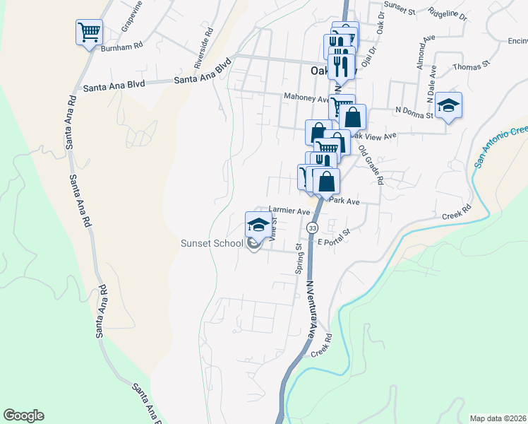 map of restaurants, bars, coffee shops, grocery stores, and more near 386 Larmier Avenue in Oak View