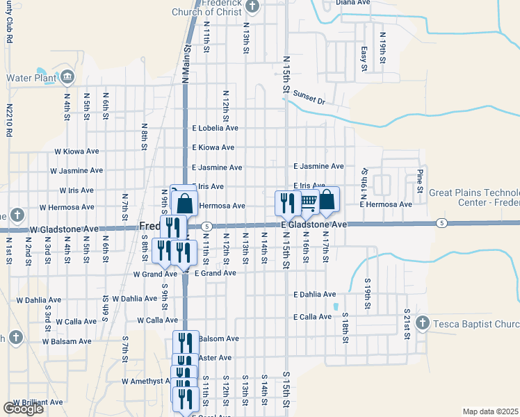 map of restaurants, bars, coffee shops, grocery stores, and more near 501 East Hermosa Avenue in Frederick
