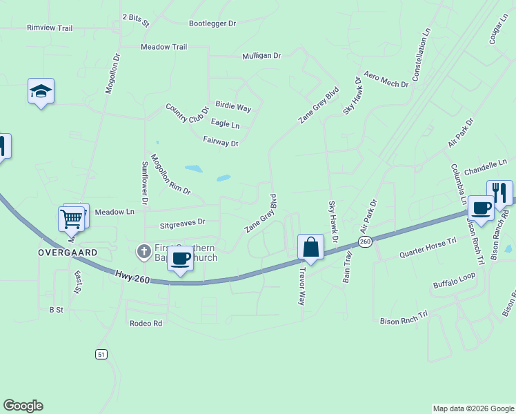 map of restaurants, bars, coffee shops, grocery stores, and more near 2282 Meadow Lane in Heber-Overgaard