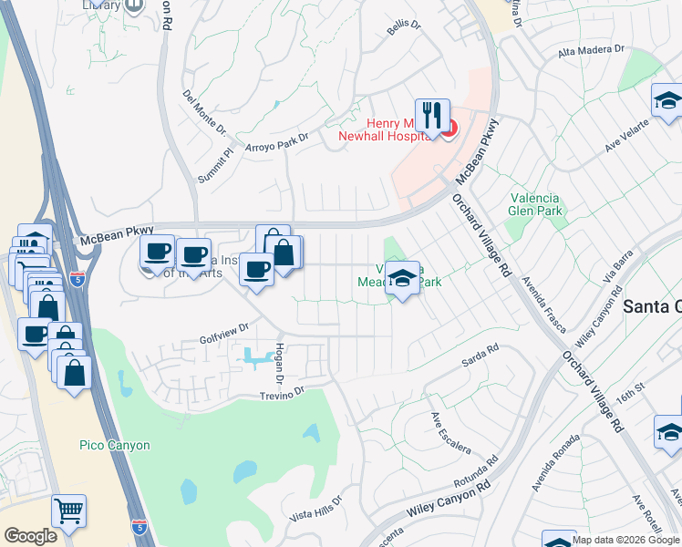 map of restaurants, bars, coffee shops, grocery stores, and more near 25790 Parada Drive in Santa Clarita