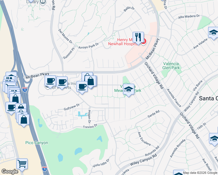 map of restaurants, bars, coffee shops, grocery stores, and more near 25790 Parada Drive in Santa Clarita