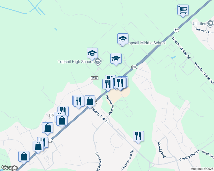 map of restaurants, bars, coffee shops, grocery stores, and more near 75 Library Drive in Hampstead