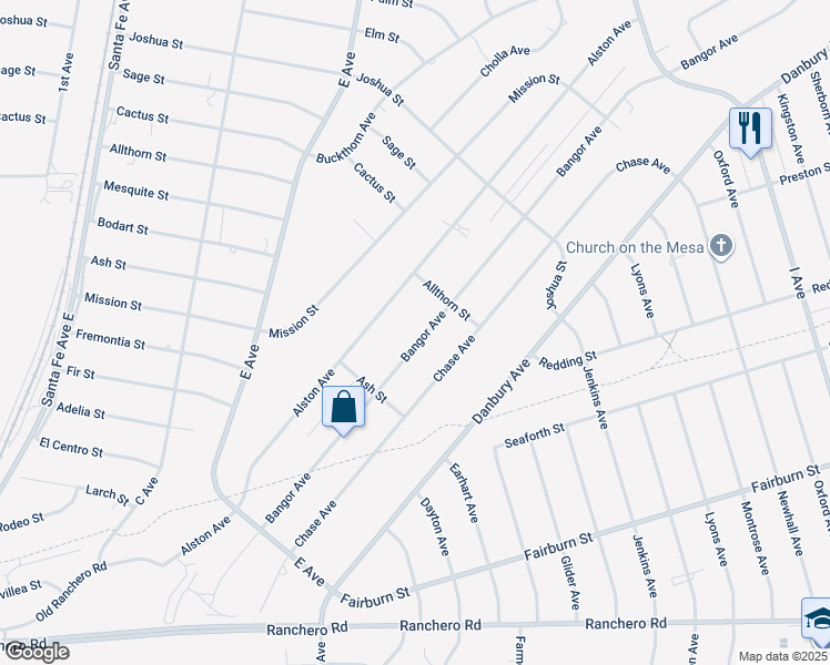 map of restaurants, bars, coffee shops, grocery stores, and more near 7812 Bangor Avenue in Hesperia