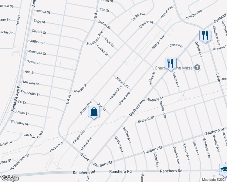 map of restaurants, bars, coffee shops, grocery stores, and more near 7812 Bangor Avenue in Hesperia