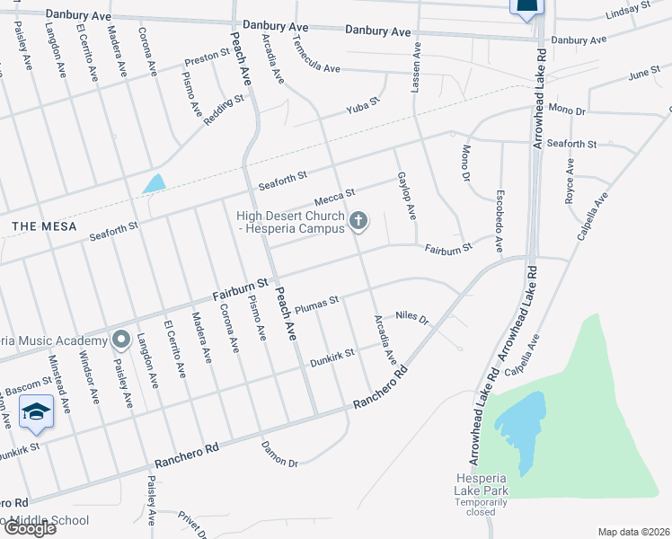 map of restaurants, bars, coffee shops, grocery stores, and more near 18495 Fairburn Street in Hesperia