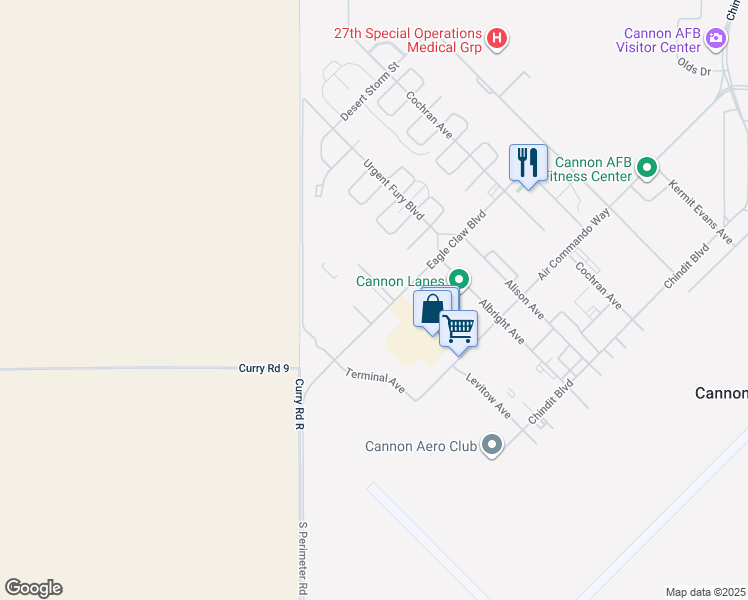 map of restaurants, bars, coffee shops, grocery stores, and more near 401 Eagle Claw Boulevard in Cannon Air Force Base