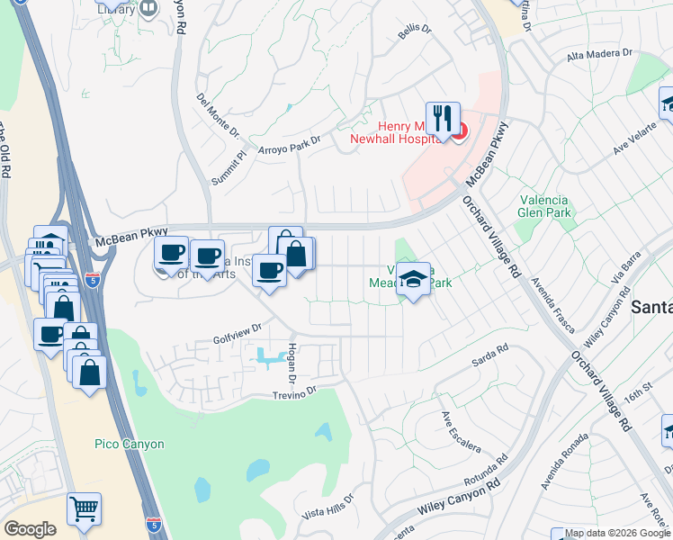 map of restaurants, bars, coffee shops, grocery stores, and more near 25796 Olivas Park Road in Santa Clarita