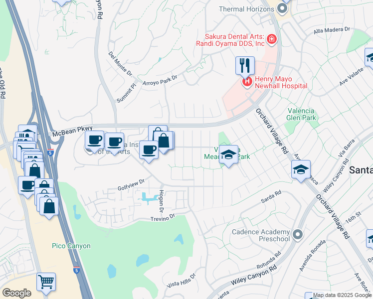 map of restaurants, bars, coffee shops, grocery stores, and more near 25796 Olivas Park Road in Santa Clarita
