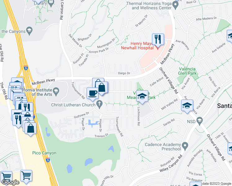 map of restaurants, bars, coffee shops, grocery stores, and more near 25796 Olivas Park Road in Santa Clarita