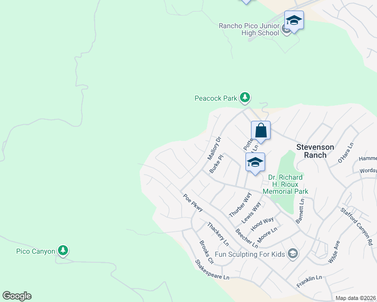 map of restaurants, bars, coffee shops, grocery stores, and more near 26837 Alcott Court in Stevenson Ranch