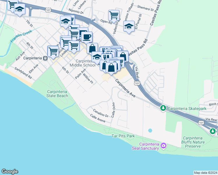 map of restaurants, bars, coffee shops, grocery stores, and more near 867 Concha Loma Dr in Carpinteria