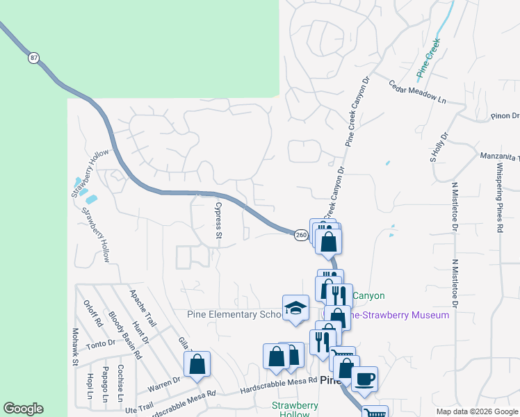 map of restaurants, bars, coffee shops, grocery stores, and more near 1092 Fox Hat Trail in Pine