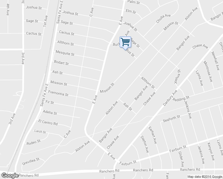 map of restaurants, bars, coffee shops, grocery stores, and more near 16725 Mission Street in Hesperia