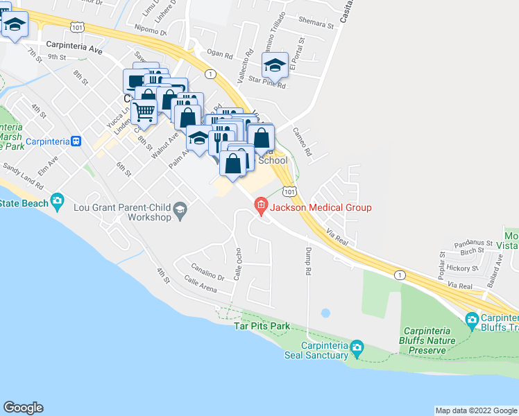 map of restaurants, bars, coffee shops, grocery stores, and more near 5499 Carpinteria Avenue in Carpinteria
