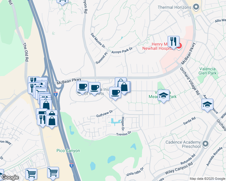 map of restaurants, bars, coffee shops, grocery stores, and more near 24416 McBean Parkway in Santa Clarita