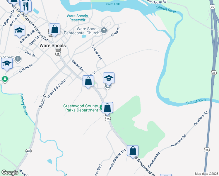 map of restaurants, bars, coffee shops, grocery stores, and more near 56 South Greenwood Avenue in Ware Shoals