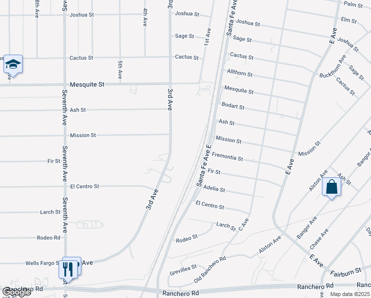 map of restaurants, bars, coffee shops, grocery stores, and more near 7847 3rd Avenue in Hesperia
