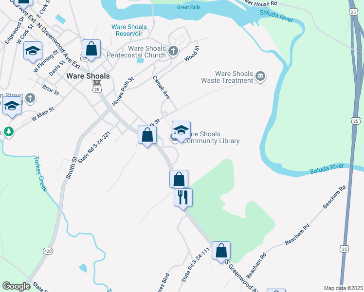 map of restaurants, bars, coffee shops, grocery stores, and more near 56 South Greenwood Avenue in Ware Shoals