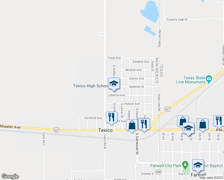 map of restaurants, bars, coffee shops, grocery stores, and more near 520 North Griffin Street in Texico