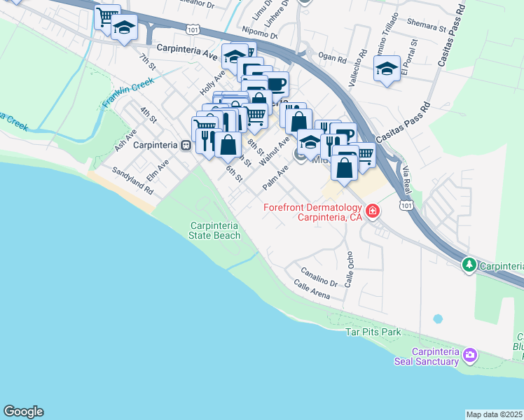 map of restaurants, bars, coffee shops, grocery stores, and more near 586 Olive Avenue in Carpinteria
