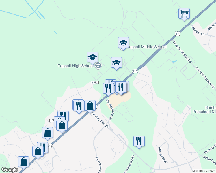 map of restaurants, bars, coffee shops, grocery stores, and more near 75 Library Drive in Hampstead