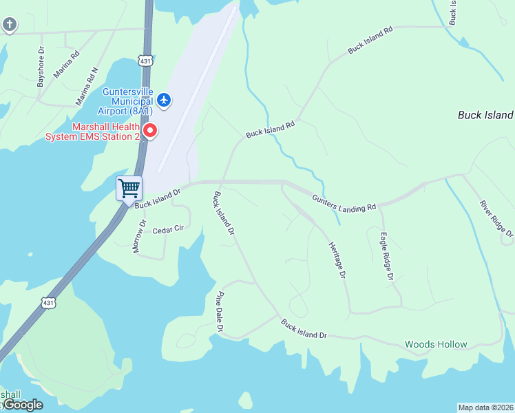 map of restaurants, bars, coffee shops, grocery stores, and more near 183 Hilltop Drive in Guntersville