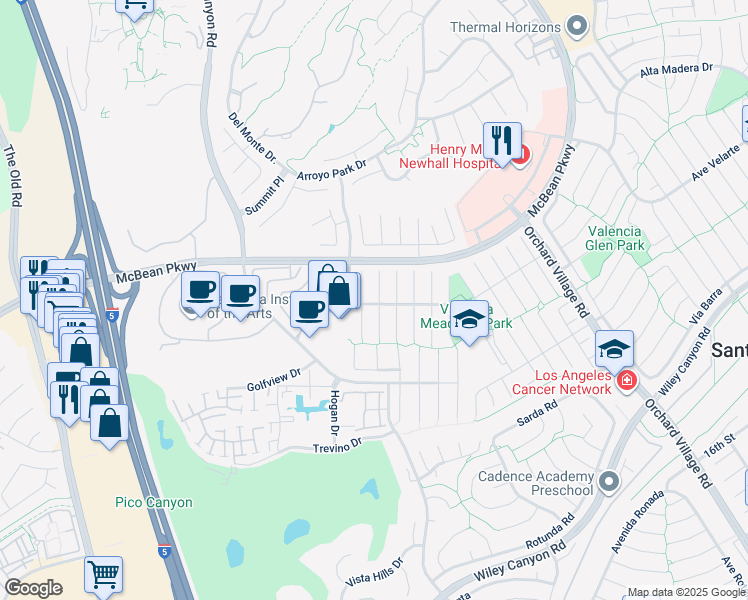 map of restaurants, bars, coffee shops, grocery stores, and more near 25803 Olivas Park Road in Santa Clarita