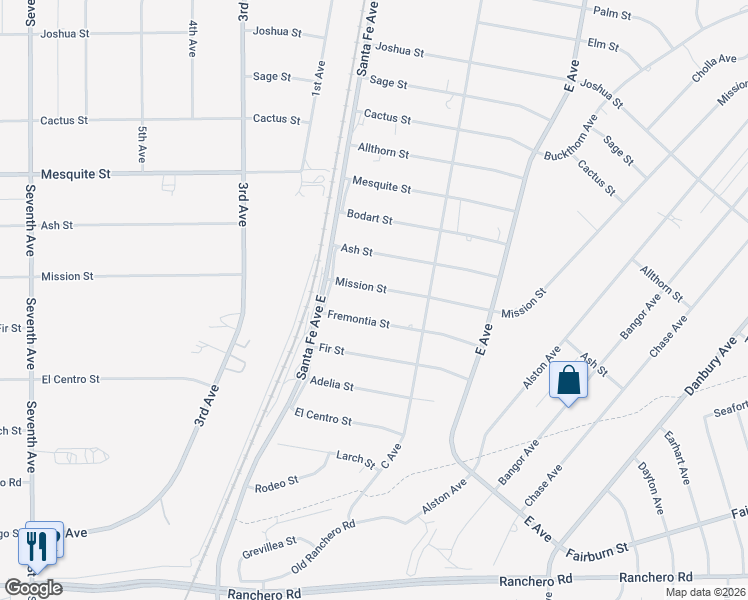 map of restaurants, bars, coffee shops, grocery stores, and more near 16415 Mission Street in Hesperia