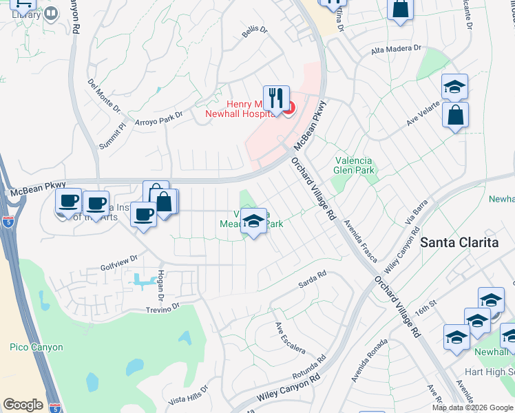 map of restaurants, bars, coffee shops, grocery stores, and more near 25671 Fedala Road in Santa Clarita