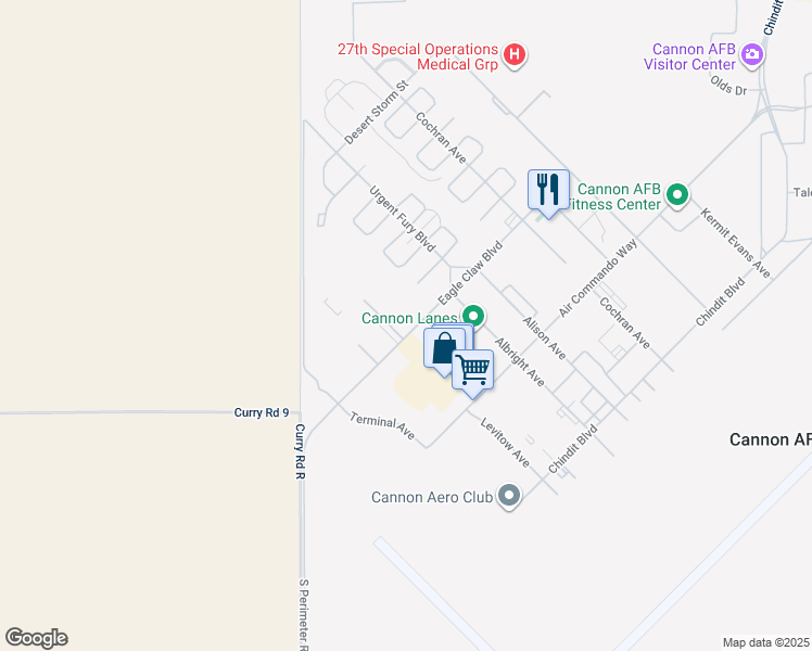 map of restaurants, bars, coffee shops, grocery stores, and more near 401 Eagle Claw Boulevard in Cannon Air Force Base