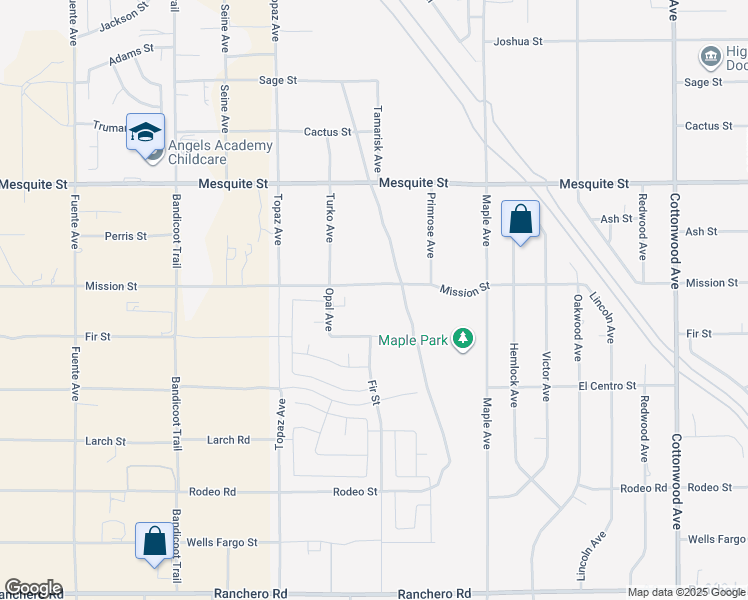 map of restaurants, bars, coffee shops, grocery stores, and more near 14247 Mission Street in Hesperia