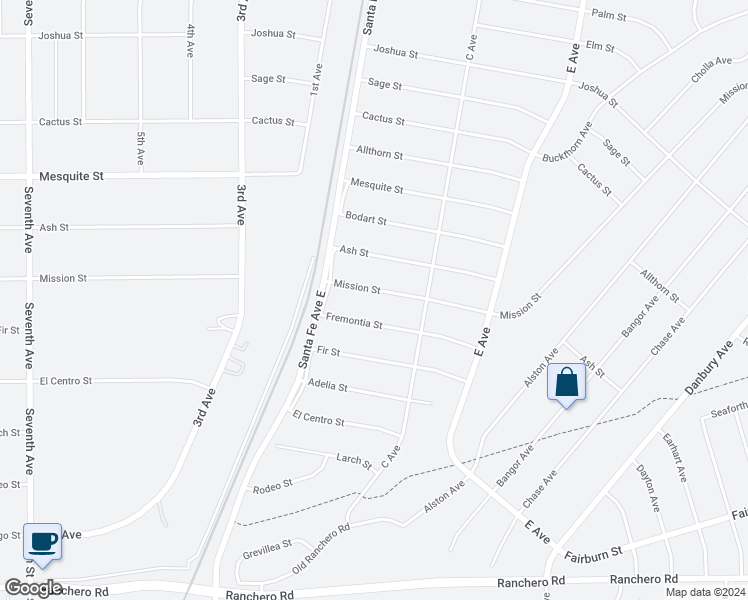 map of restaurants, bars, coffee shops, grocery stores, and more near 16415 Mission Street in Hesperia
