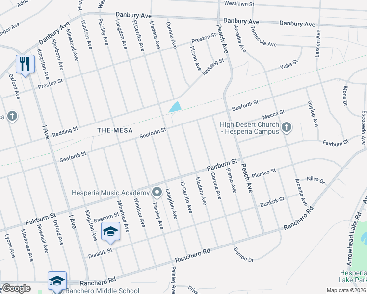 map of restaurants, bars, coffee shops, grocery stores, and more near 7828 Madera Avenue in Hesperia