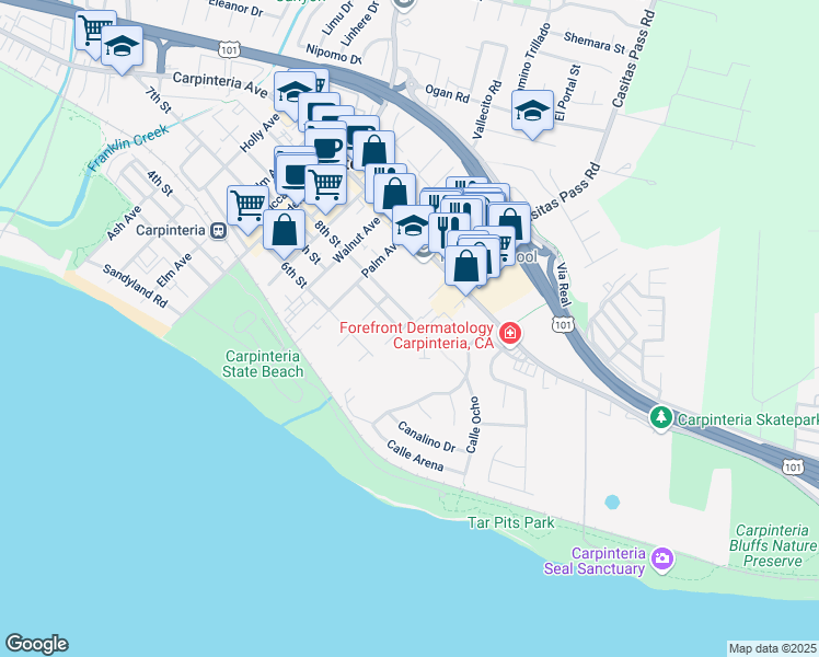 map of restaurants, bars, coffee shops, grocery stores, and more near 780 Oak Avenue in Carpinteria