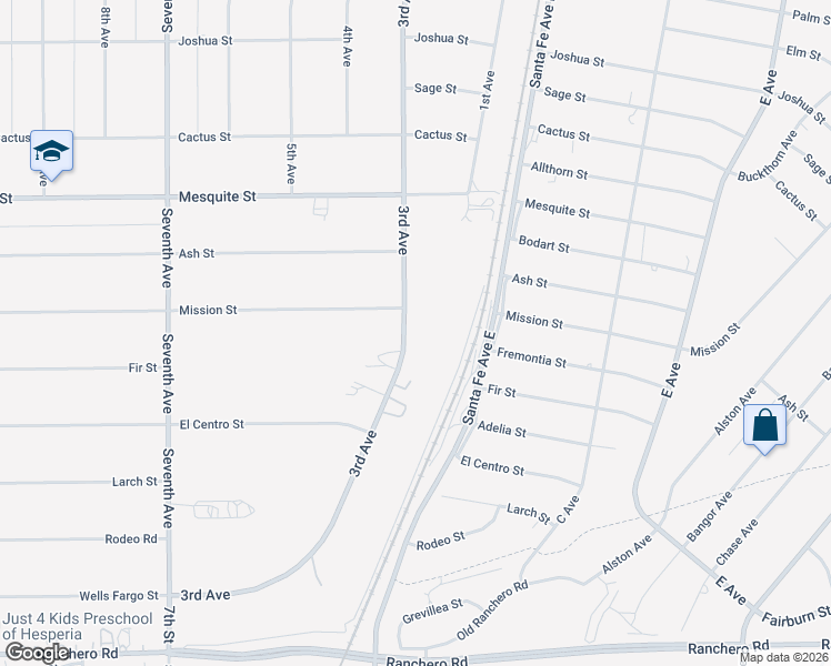 map of restaurants, bars, coffee shops, grocery stores, and more near 7847 3rd Avenue in Hesperia