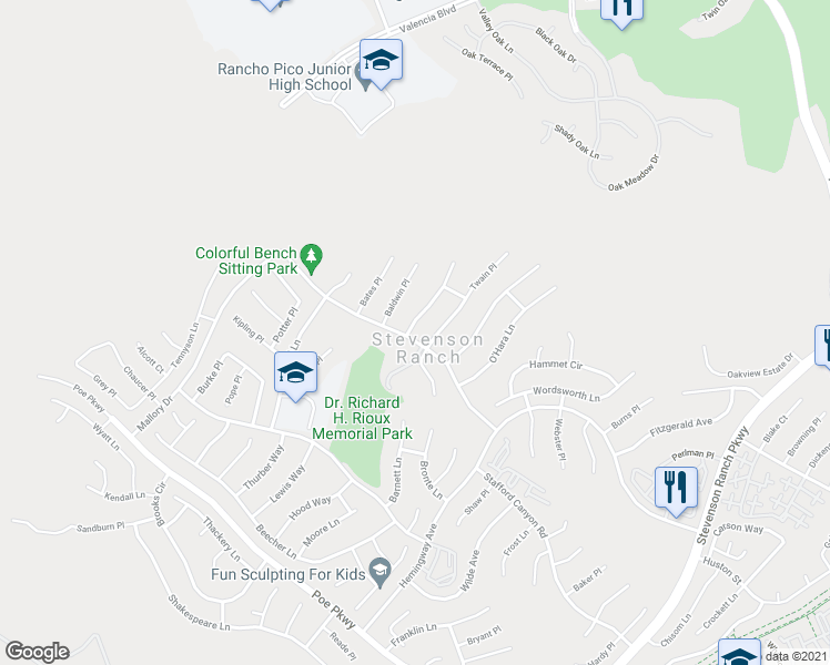 map of restaurants, bars, coffee shops, grocery stores, and more near 26004 Singer Place in Stevenson Ranch