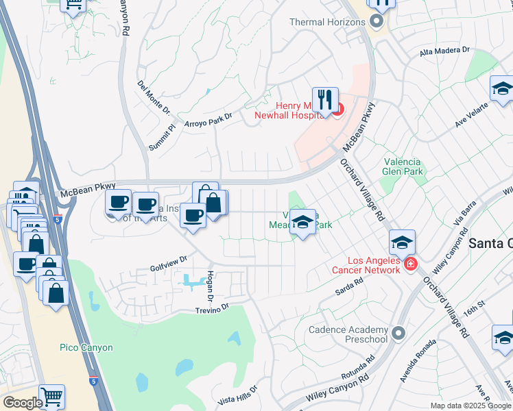 map of restaurants, bars, coffee shops, grocery stores, and more near 25808 Parada Drive in Santa Clarita
