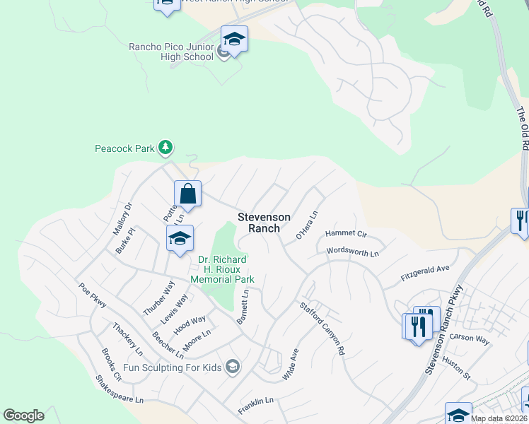 map of restaurants, bars, coffee shops, grocery stores, and more near 26022 Twain Place in Stevenson Ranch