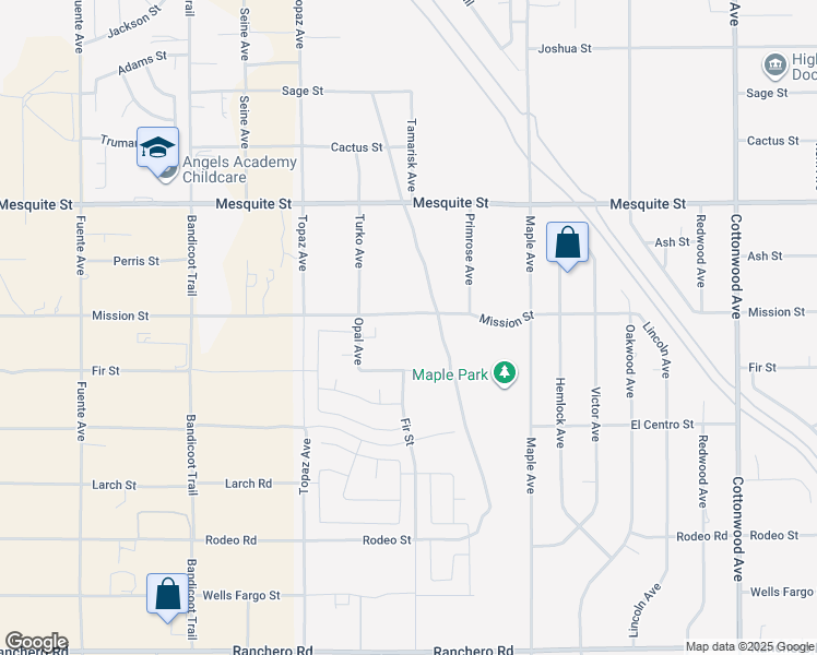 map of restaurants, bars, coffee shops, grocery stores, and more near 14247 Mission Street in Hesperia