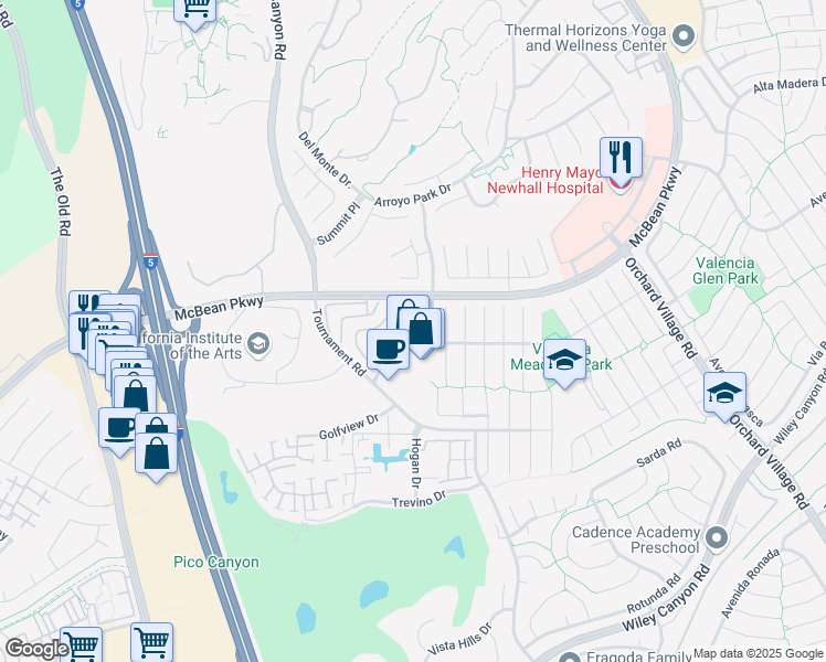 map of restaurants, bars, coffee shops, grocery stores, and more near 25857 Singing Hills Drive in Santa Clarita