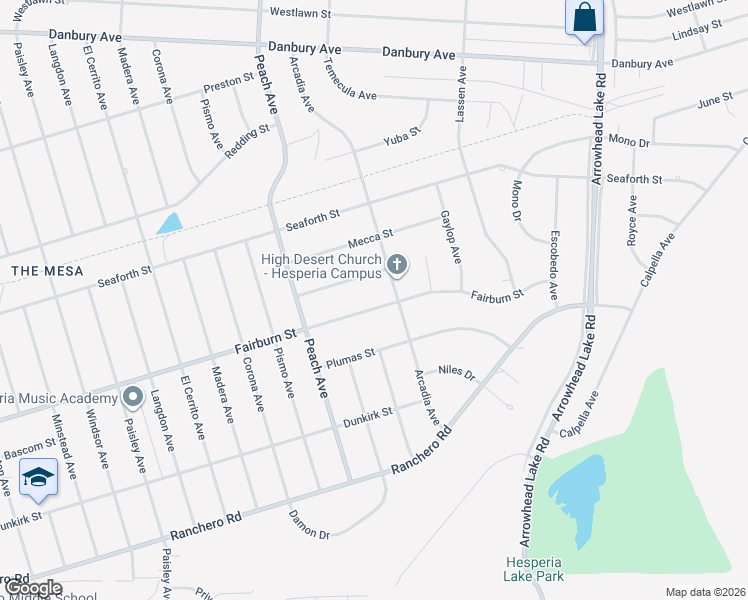 map of restaurants, bars, coffee shops, grocery stores, and more near 18508 Fairburn Street in Hesperia