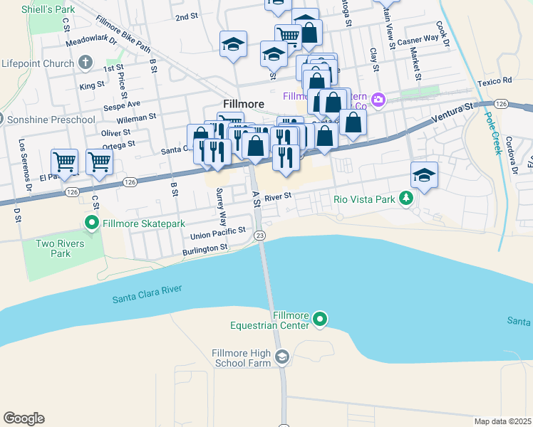 map of restaurants, bars, coffee shops, grocery stores, and more near 660 River Street in Fillmore