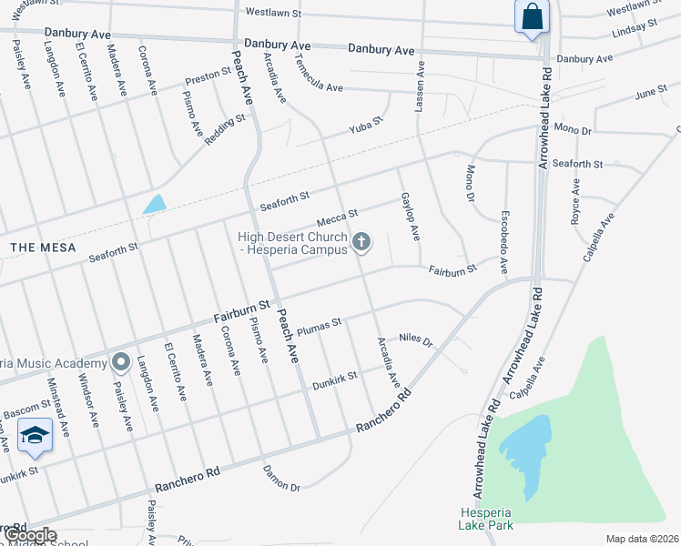 map of restaurants, bars, coffee shops, grocery stores, and more near 18508 Fairburn Street in Hesperia