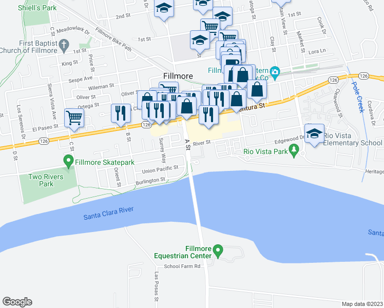 map of restaurants, bars, coffee shops, grocery stores, and more near 660 River Street in Fillmore