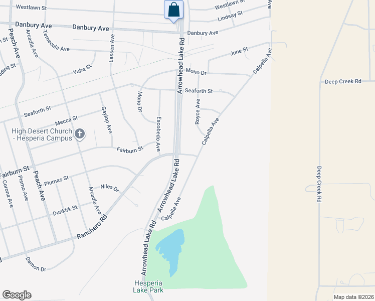 map of restaurants, bars, coffee shops, grocery stores, and more near 18980 Ranchero Road in Hesperia